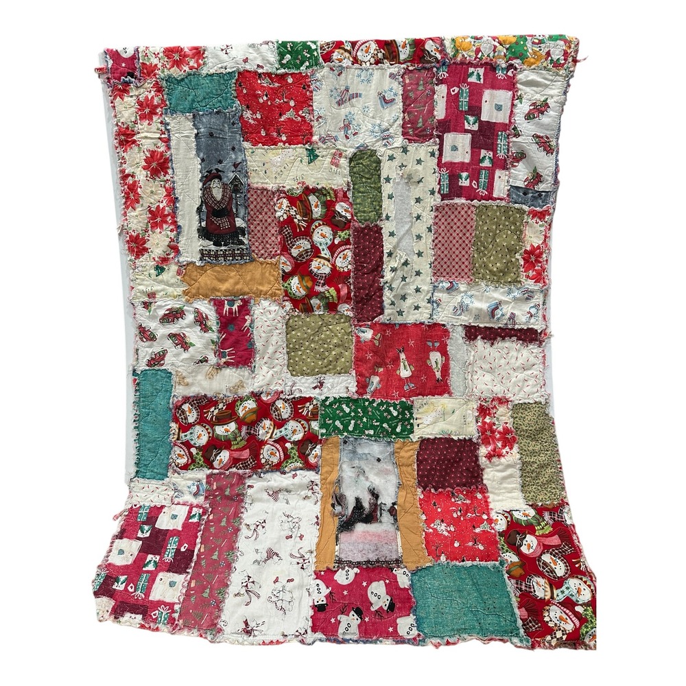 Vintage Handmade Christmas Rag Quilt Patchwork Throw 68x48 DAMAGED CUTTER Santa